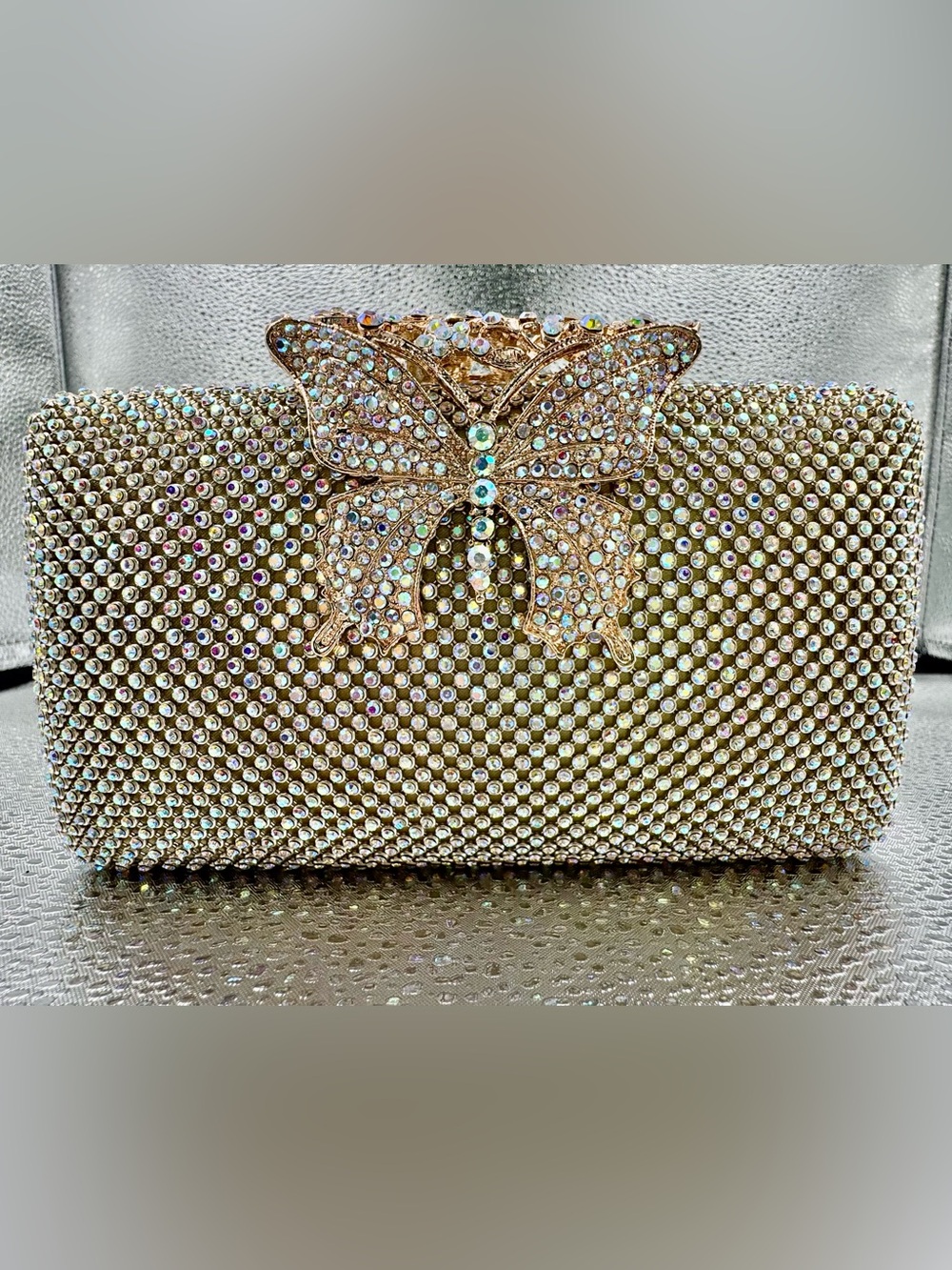 Aurora Borealis Gold Crystal Butterfly Close Evening Clutch - Women Bags